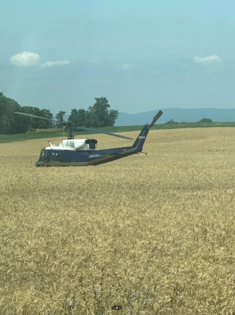 sentdefender's tweet photo. A U.S. Air Force UH-1N "Huey" assigned to the 1st Helicopter Squadron at Joint Base Andrews, Maryland, appears to have made a hard landing in a field near Union Bridge, Maryland, approximately 55 miles northwest of Washington, D.C.

The 1st Helicopter Squadron provides helicopter transportation for senior government and military officials throughout the National Capital Region.

The cause of the apparent hard landing and the condition of those aboard are not yet known.

Source: https://t.co/5bhtiy7Nau