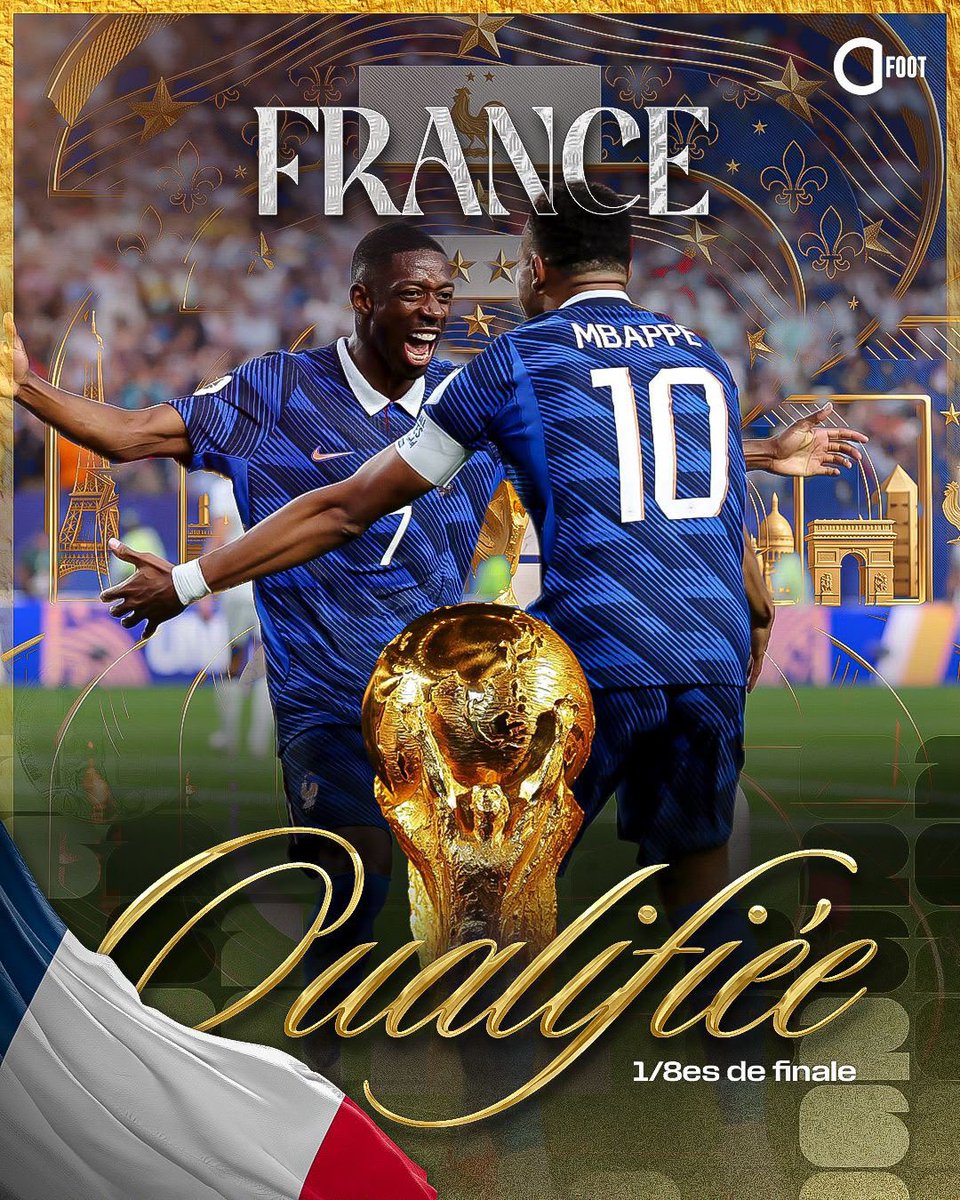 ActuFoot_'s tweet photo. 🚨🚨💣 OFFICIEL ! L’ÉQUIPE DE FRANCE 🇫🇷 EST QUALIFIÉE POUR LES HUITIÈMES DE FINALE DE LA COUPE DU MONDE !!!! ✅🌍

Les Bleus affronteront le Paraguay 🇵🇾 en huitièmes de finale. 🔜 https://t.co/7TUtzzZbln