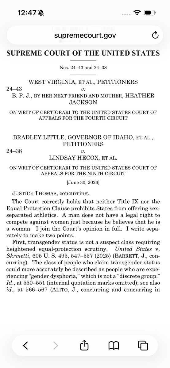 ClayTravis's tweet photo. Clarence Thomas, in his two page concurring opinion disallowing boys in girls sports, says gender dysphoria is a mental illness and you are either a boy or a girl, that trans doesn’t exist at all. He’s right. We need more people willing to speak this truth. https://t.co/RfJDJzzHLp