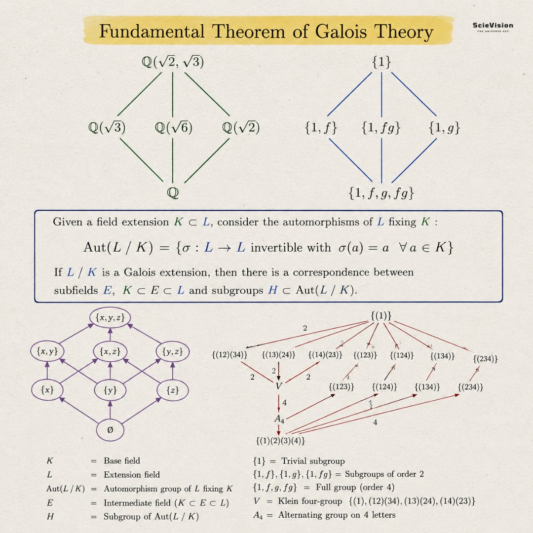 scievision369's tweet photo. Fundamental Theorem of Galois Theory ✍️

The Fundamental Theorem of Galois Theory reveals one of the most surprising connections in mathematics. The structure of number systems created by adding irrational numbers to the rationals mirrors the structure of symmetry groups. Évariste Galois discovered this link in the early nineteenth century. He died in a duel at age twenty, before anyone fully grasped his revolutionary ideas. The main insight is this: when you create a larger number system by adding elements like square roots to the rational numbers, that system has symmetries. These symmetries are transformations that rearrange its elements while keeping every rational number unchanged. All such symmetries form a group. The Fundamental Theorem states that the hierarchy of intermediate number systems between the small base field and the large extension field corresponds perfectly, but in reverse, to the hierarchy of subgroups of that symmetry group.

The upper left diagram illustrates this with a concrete example. Starting from the rational numbers at the bottom, adding both the square root of two and the square root of three creates a large field at the top, with three intermediate fields in between containing one root or the other. The upper right diagram shows the mirror image: the symmetry group of four elements. One symmetry flips the sign of the square root of two, another flips the sign of the square root of three, and a third flips both. There are three intermediate subgroups of size two. The two diamond-shaped diagrams have the same structure but are reversed in relation to each other. The largest field corresponds to the smallest group, while the smallest field corresponds to the largest group. This reversal is intuitive. The full large field has very few symmetries that leave it entirely unchanged, while the small rational numbers remain unchanged by every symmetry in the entire group.

The most famous result of this theory is the proof that no general formula can solve fifth-degree polynomial equations. Every high school student learns the quadratic formula for second-degree equations. Similar formulas exist for third and fourth degrees. For centuries, mathematicians searched for a fifth-degree equivalent. Galois proved this is truly impossible not because no one was clever enough, but because the symmetry group of the general fifth-degree equation lacks a specific structural property needed for any such formula to exist. This framework also showed that three ancient Greek geometric problems are impossible. Trisecting an arbitrary angle, doubling a cube, and squaring a circle with just a straightedge and compass cannot be done. Beyond these classical problems, Galois's insight that symmetry can be studied as a mathematical object led to the development of abstract algebra and influences modern physics through the gauge symmetries that govern the fundamental forces of nature.