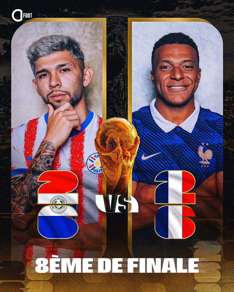 ActuFoot_'s tweet photo. 🚨🚨 OFFICIEL ! HUITIÈME DE FINALE DE LA COUPE DU MONDE 🌎 :

PARAGUAY 🇵🇾 ⚡️ 🇫🇷 FRANCE 

📆 Samedi 4 juillet
🕚 23h00 (heure française) https://t.co/iJz3duqjrx