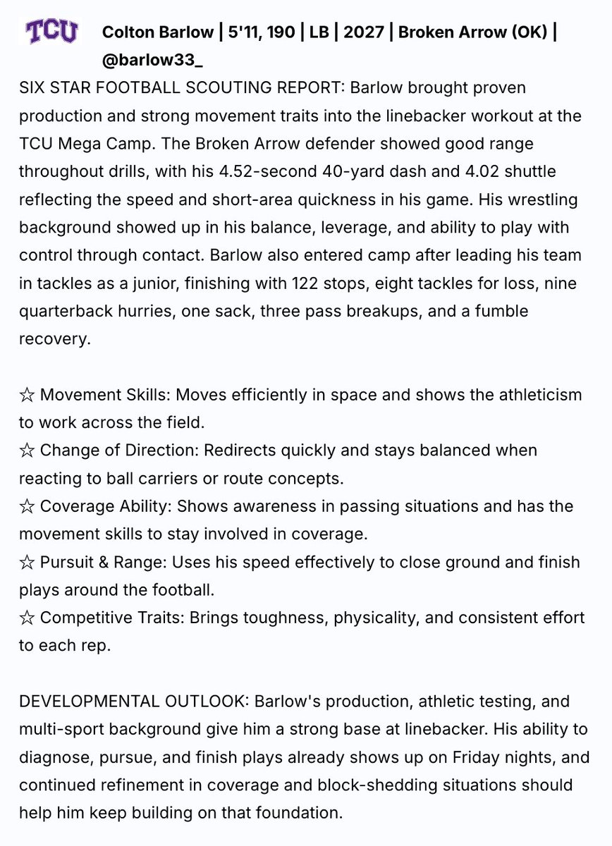 barlow33_'s tweet photo. Appreciate the write up! @sixstarfootball @6starfootballOK 
@BrokenArrowFTBL @RecruitBAFBall 
@coachhigeons @Coach_Henny79
@THillBAFootball @TheCoachJoShow
@coachtwin_84 https://t.co/KGjPWZPud0