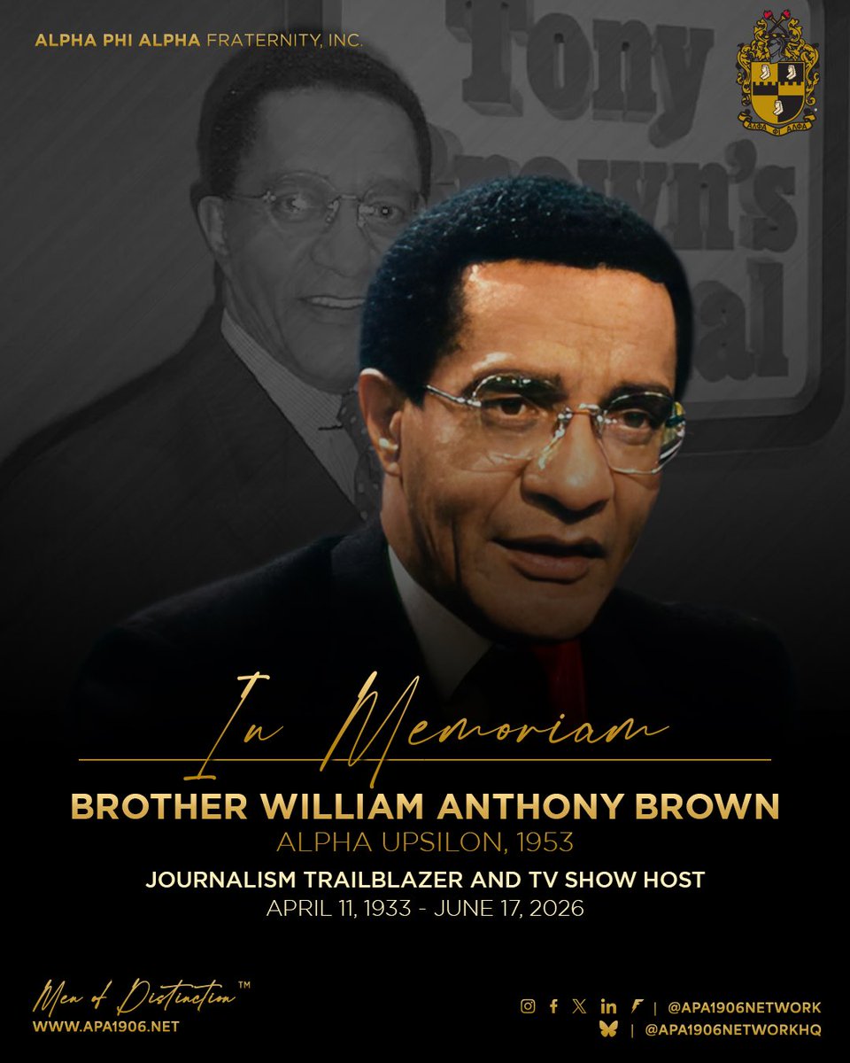 apa1906NETwork's tweet photo. Alpha Phi Alpha Fraternity, Inc., mourns the death of Brother William Anthony (Tony) Brown, a 1953 Alpha Upsilon Chapter initiate at Wayne State University, who passed last week.
He was 93.
Please share.
#APA1906Network
#MenOfDistinction
#TonyBrownsJournal
#InMemoriam https://t.co/UnopQ3FYRW