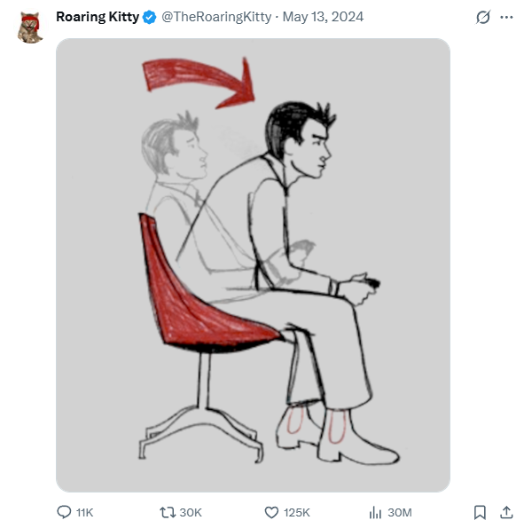 FlameO_InsaneO's tweet photo. Roaring Kitty came back on May 13 2024.

One image. No explanation.

Then something interesting happened in the days that followed. https://t.co/pGLE5dPfFi