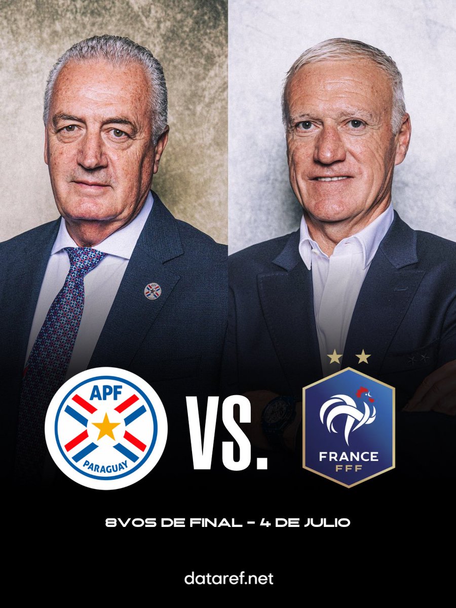 dataref_ar's tweet photo. 🇵🇾✅ ¡RIVAL CONFIRMADO PARA EL PROFESOR!

👉 La Selección de Paraguay de Gustavo Alfaro enfrentará, nada más y nada menos, que a la Francia de Didier Deschamps en los octavos de final de la Copa del Mundo.

📆 Se disputará en Filadelfia el sábado 4 de julio. https://t.co/3IZIXqE2G9