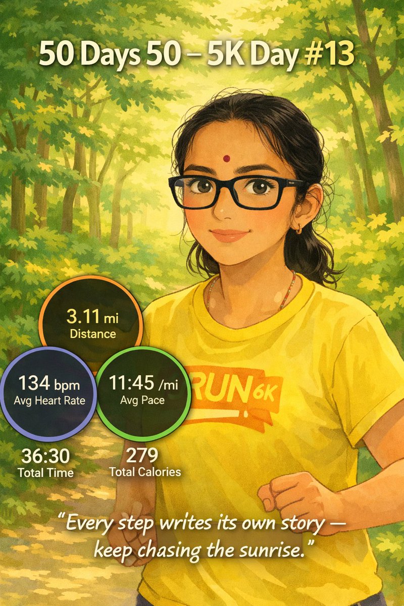 Jayalakshm61866's tweet photo. 50 Days 50 – 5K Day #13 🌿
Every step writes its own story — keep chasing the sunrise.
3.11 mi | 11:45 /mi | 134 bpm | 36:30 | 279 cal
#GhibliRun #WeekendWarriors #MarathonMindset #MarathonRunnersOfAtlanta #ChooseExerciseNotDrugs #HealthyHabits https://t.co/Z7bbbmKSi1