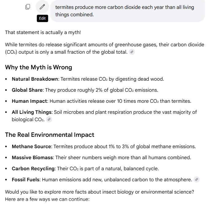 RingCheck's tweet photo. "termites produce more carbon dioxide each year than all living things combined". 
That's false too, but I did see it as a climate change denial meme once, so that's where "scientist" Ken Ring does his research. https://t.co/jzXLaSUiuo