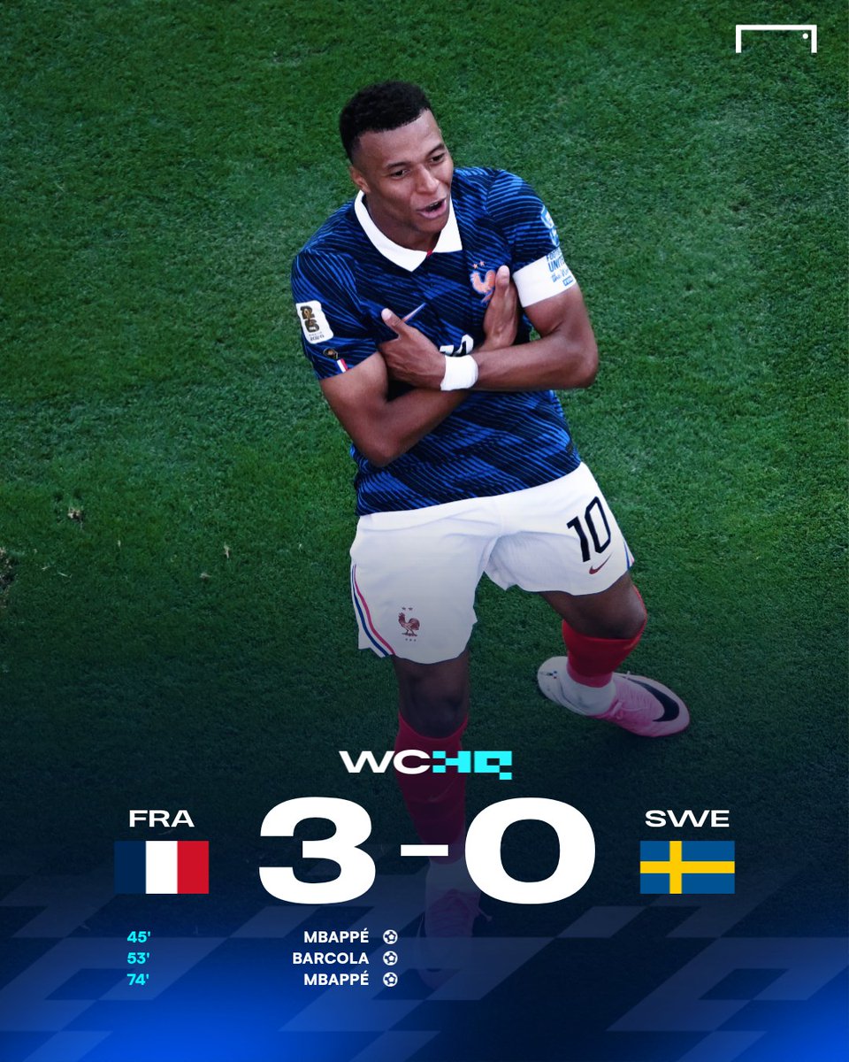 goal's tweet photo. Mbappe means business! 🇫🇷⚡

Kylian Mbappe scores a brace to tie Lionel Messi as the World Cup's top scorer! France thrash Sweden to set up a Round of 16 showdown with Paraguay 🔥 https://t.co/WAALxjgbMc