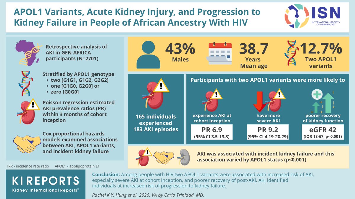 KIReports's tweet photo. #APOL1 Variants, #AKI, and P#rogression to Kidney Failure in People of African Ancestry Living with #HIV
#VisualAbstract by @hellokidneyMD
https://t.co/MHHdMxtf0u
@rachhung https://t.co/2zUQM4C79q