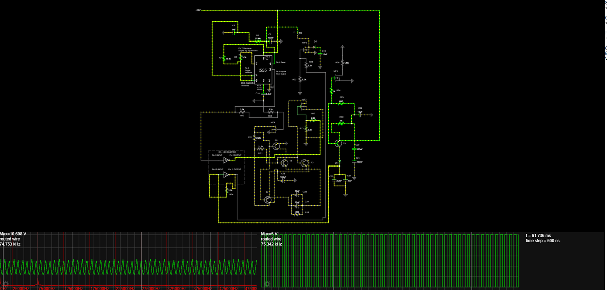 CalumDouglas1's tweet photo. Lincoln Electric and Selco refused to give me the schematics for their welding PCB that generates the waves for AC welding, which is annoying as I`m trying to fix a friends TIG who has the same model I fixed for myself a month or so ago.

So I`ve drawn the relevant section of the PCB in FALSTAD online circuit simulator (free!!!, link in comments), and adjusted the values for the unknown surface mount components until I`ve got the right frequency which I measured on my working welding machine.

Its very useful as it also enables you to quickly muck about with component values, and delete things, which shows you the effects of a drfting or shorted part on the output signal.

Its a bit of a finnecky program, but in 2 evenings I`ve sort of got the hang of the basics of it.

I still found it best to scribble out the schematic by hand first, before attempting to build it in the software.

Still a bit of work to do before the machine is fixed, but this makes things much easier.