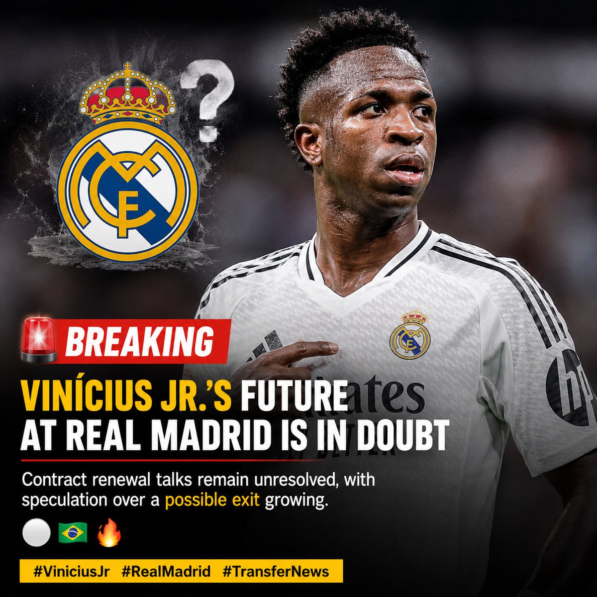 LabourP9329's tweet photo. 🚨 BREAKING: Vinícius Jr.'s future at Real Madrid is in doubt as contract renewal talks remain unresolved, with speculation over a possible exit growing. ⚪🇧🇷🔥 Please follow for more 

#ViniciusJr #RealMadrid #TransferNews https://t.co/gYJNxZHh6G