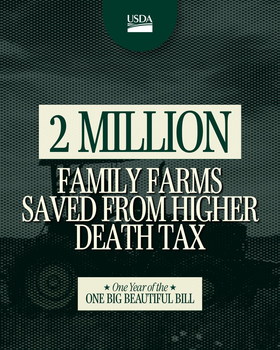 USDA's tweet photo. One year later, the Working Families Tax Cuts are delivering exactly what President Trump promised, rewarding hardworking Americans, strengthening families, and restoring the American Dream by putting more money back into the pockets of the people who earned it. 

@POTUS' Working Families Tax Cuts supports family farms by raising the death tax exemption—protecting 2 million family farms from punitive double taxation.