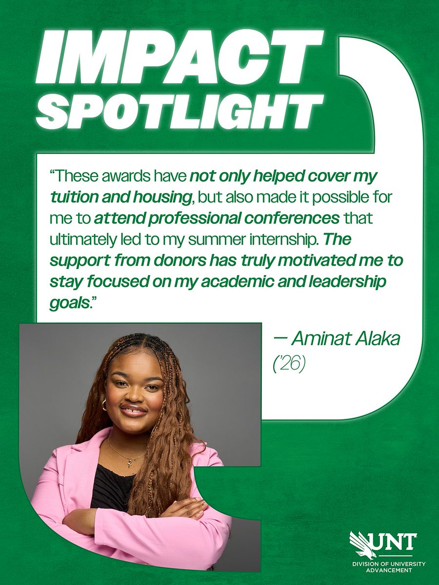 UNTAdvancement's tweet photo. ✨ Impact Spotlight ✨
↪️ This week, we're featuring Aminat Alaka, who is working to earn a B.S. in business computer information systems and a B.B.A. in finance and financial management.
#UNT #ImpactSpotlight #BetterLookNorth https://t.co/IOQ9Z8gr6V