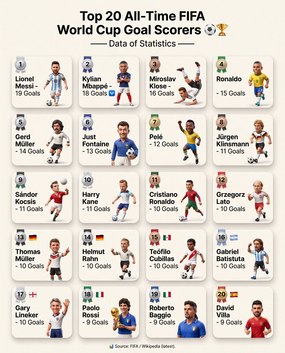 DataOfStats's tweet photo. Top 20 All-Time FIFA World Cup Goal Scorers ⚽🏆

1. 🇦🇷 Lionel Messi - 19 Goals  
2. 🇫🇷 Kylian Mbappé - 18 Goals 🆕  
3. 🇩🇪 Miroslav Klose - 16 Goals  
4. 🇧🇷 Ronaldo - 15 Goals  
5. 🇩🇪 Gerd Müller - 14 Goals  
6. 🇫🇷 Just Fontaine - 13 Goals  
7. 🇧🇷 Pelé - 12 Goals  
8. 🇩🇪 Jürgen Klinsmann - 11 Goals  
9. 🇭🇺 Sándor Kocsis - 11 Goals  
10. 🏴󠁧󠁢󠁥󠁮󠁧󠁿 Harry Kane - 11 Goals 
11. 🇵🇹 Cristiano Ronaldo - 10 Goals  
12. 🇵🇱 Grzegorz Lato - 10 Goals  
13. 🇩🇪 Thomas Müller - 10 Goals  
14. 🇩🇪 Helmut Rahn - 10 Goals  
15. 🇲🇽 Teófilo Cubillas - 10 Goals  
16. 🇦🇷 Gabriel Batistuta - 10 Goals  
17. 🏴󠁧󠁢󠁥󠁮󠁧󠁿 Gary Lineker - 10 Goals  
18. 🇮🇹 Paolo Rossi - 9 Goals  
19. 🇮🇹 Roberto Baggio - 9 Goals  
20. 🇪🇸 David Villa - 9 Goals  

📊 Source: FIFA / Wikipedia (latest).