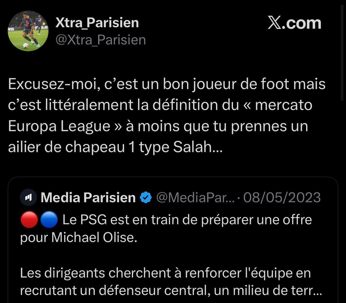 MediaParisien's tweet photo. Dites-vous, des mecs ont osé dire « recrutement Europa League » quand le PSG était sur Olise… https://t.co/FmfckEAoLl