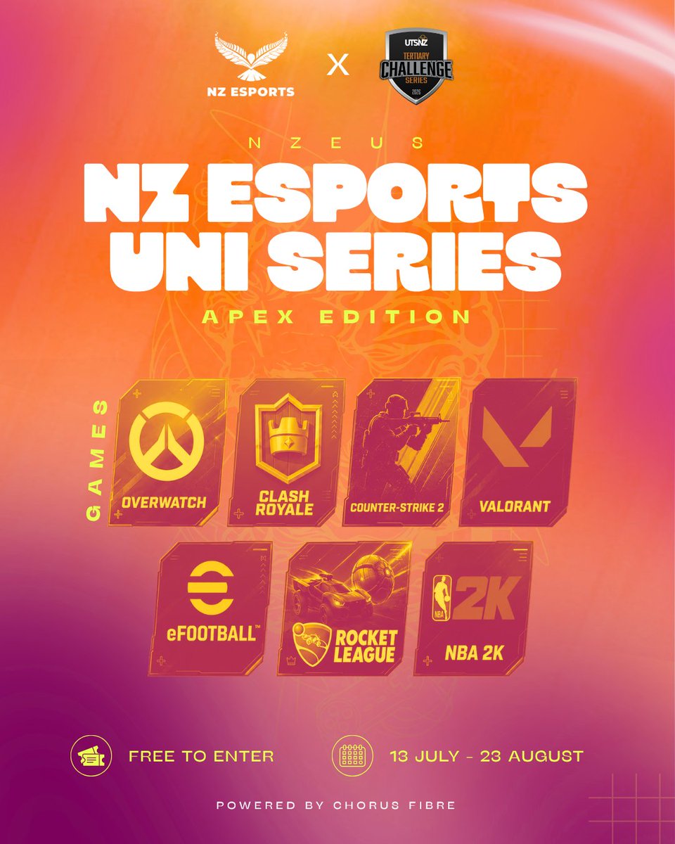 NZ_Esports_'s tweet photo. More games, more ways in 🏆

Our Uni Series Apex Edition, run in partnership with UTSNZ Challenge Series, is open for registration, and this time individuals can enter alongside full teams. 

If you're currently enrolled or graduated within the last two years, you're eligible. 

Use your uni email to sign in, get your team together, and register before 12 July.

🔗 https://t.co/WR1RHPJ5Sr
