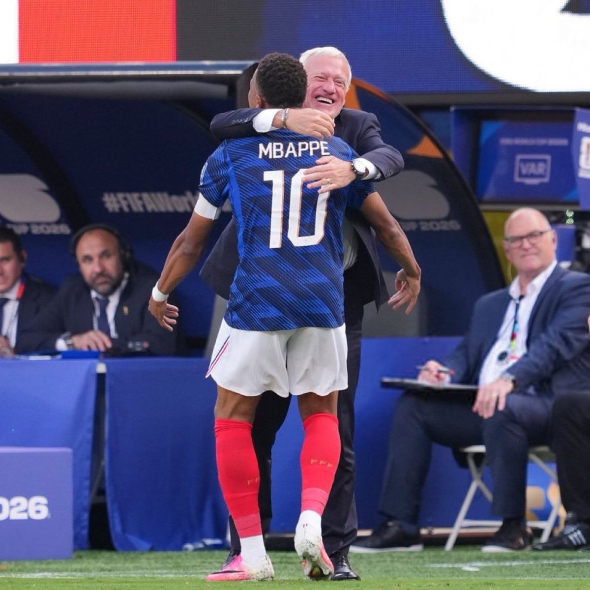 TouchlineX's tweet photo. 🚨🗣️ Kylian Mbappe on his celebration with Didier Deschamps: 

"We know that the coach has been through a very difficult ordeal."

"He knows he will never be alone with us."

"Whatever happens, we will support him." https://t.co/InTH8zcxNG