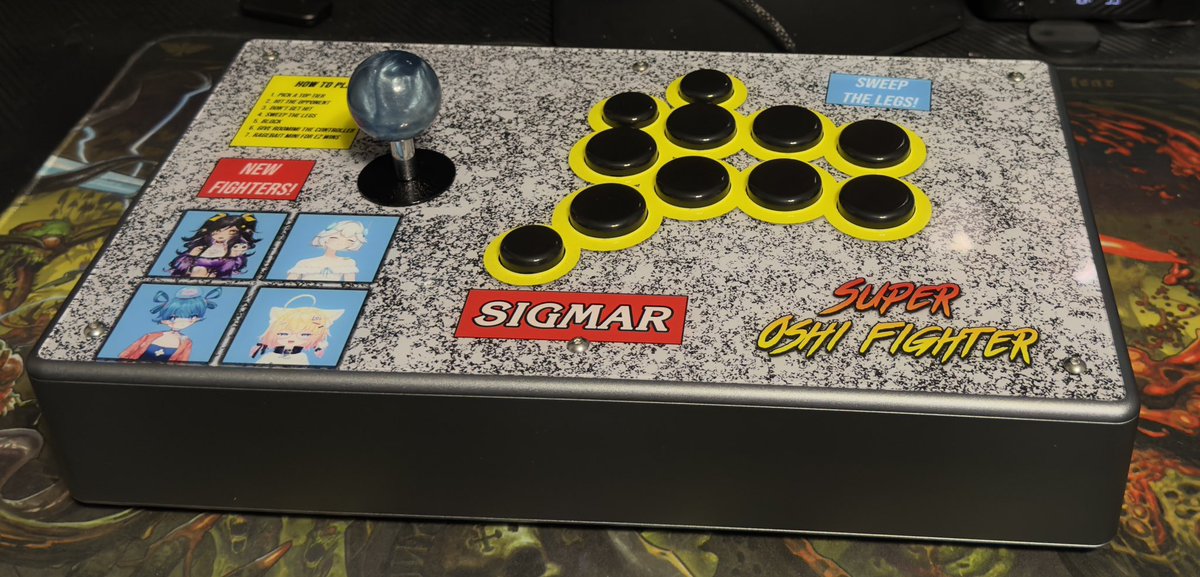 Sigmar_FGC's tweet photo. Might be my endgame controller! Panzer 5 HE with a Paradise Arcade Shop Magenta lever! Art based on the old SF2 marquee and my Oshis! #l4bartz #idrewmimi #elliestrations #chrchieart #minyart https://t.co/rO3yeKc2YQ