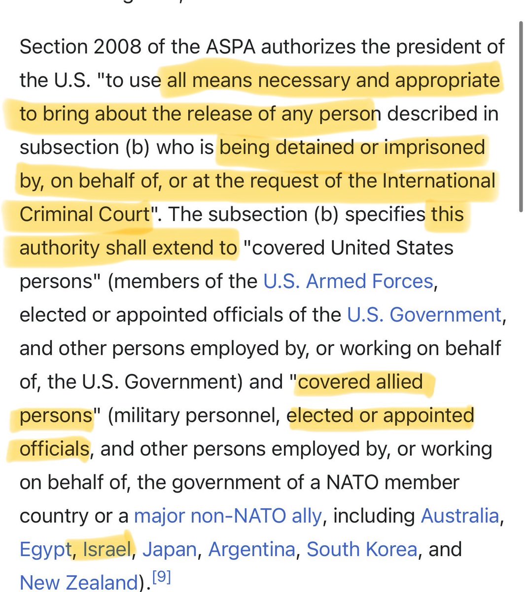 LarmerWF's tweet photo. @comradenemo @exxhibit_c not only is in unenforceable, but trump has sole authority to ensure bibi's protection by ALL means necessary. the american service-members protection act also covers israeli officials. https://t.co/igBmpjj7Um https://t.co/NtSuyaJIIa