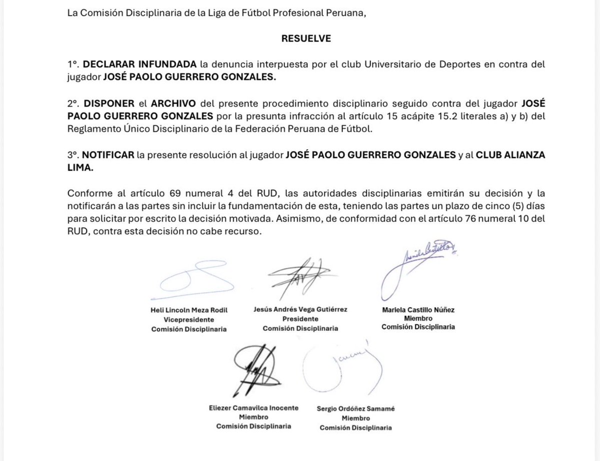 kevin23pacheco's tweet photo. Comisión Disciplinaria de la Liga declaró infundada las denuncias de Universitario contra Paolo Guerrero y Renzo Garcés.  Ambos casos no proceden y pasaron al archivo. https://t.co/bhE66Nn5i6