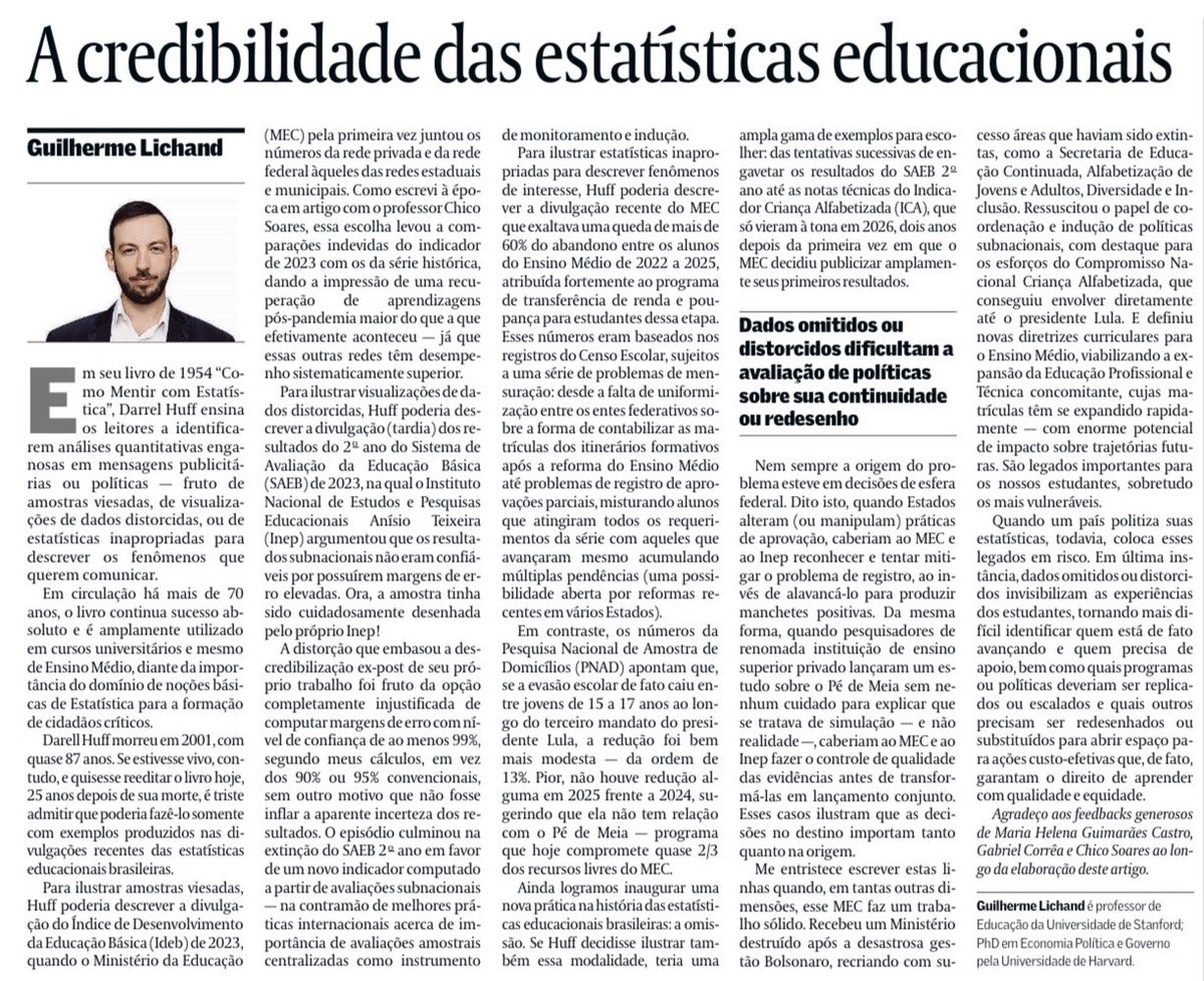 EconomicsArtBRL's tweet photo. Ótimo artigo do Prof. Lichand no Valor. Pena que as conclusões sugerem/confirmam comportamento questionável para manipular ou inflar resultados na educação. Assim como Lichand, vejo avanços na educação neste governo e não compreendo atitudes que tentam ocultar retrocessos ou avanços insuficientes. Dados existem para ajudar a direcionar as ações públicas e corrigir erros, não para prejudicar governos