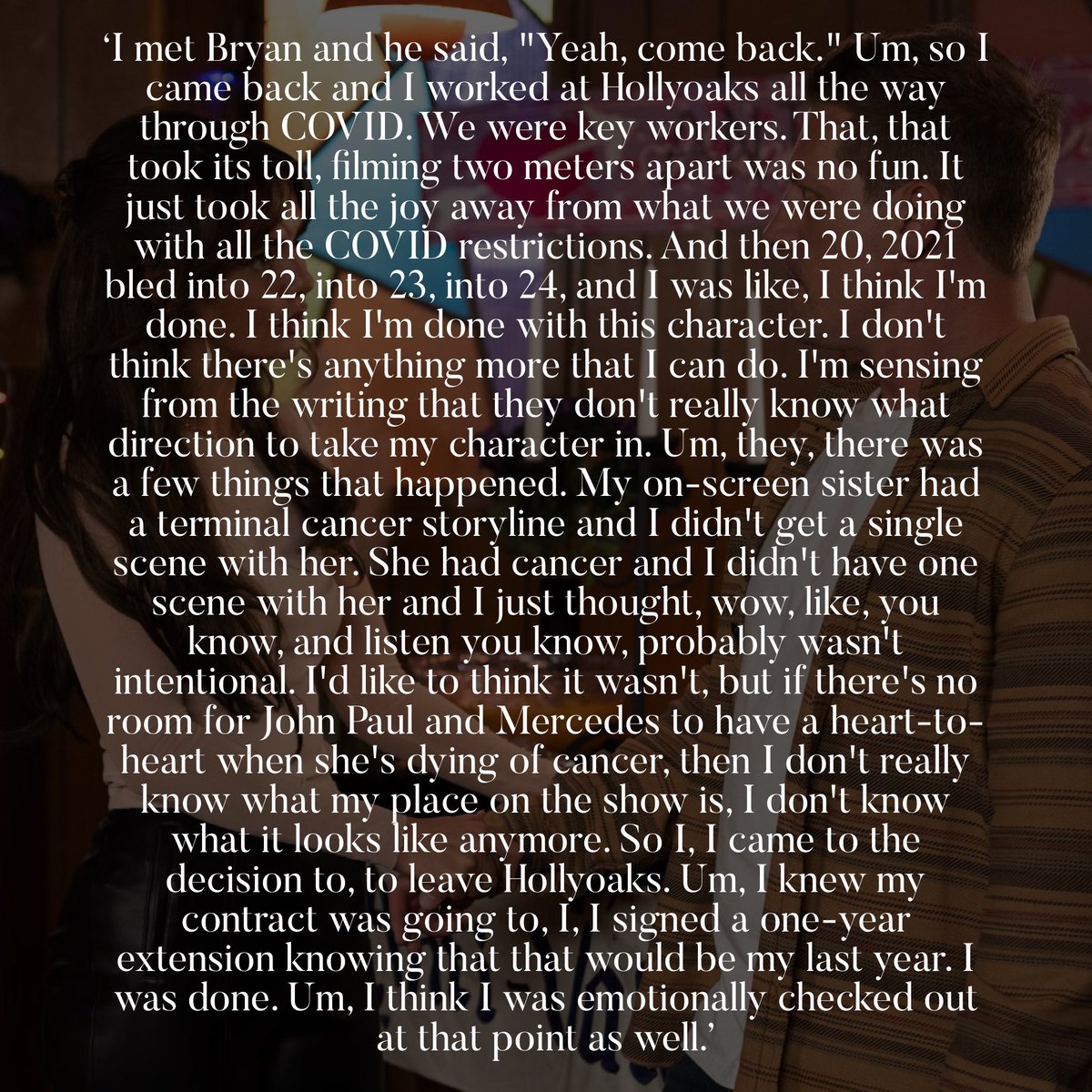 InfoHollyoaks's tweet photo. James Sutton opens up about returning to Hollyoaks during the COVID-19 era, revealing how the restrictions impacted his passion for acting and when he realised it was the right time to leave the soap permanently on the ‘Tis Yourself’ podcast. https://t.co/4Zg3Sqos02