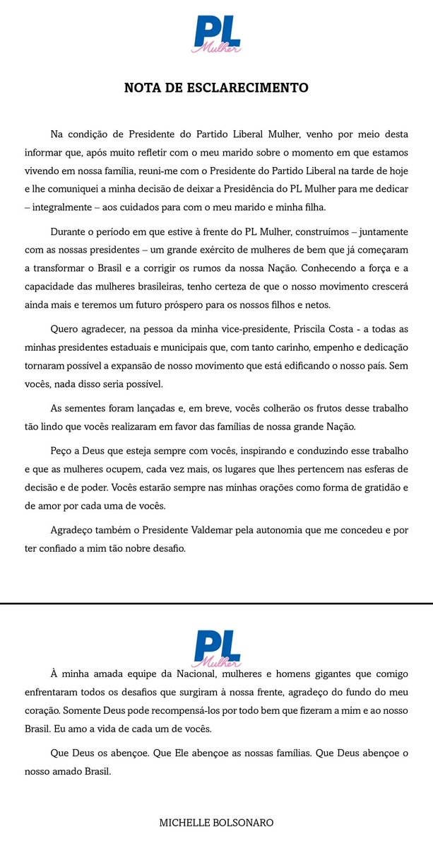 94tome14's tweet photo. 🚨🚨🚨 NOTA OFICIAL da MICHELLE FIRMO COMUNICANDO A SAÍDA DA PRESIDÊNCIA DO PL MULHER. 

Vencemos!!!!!! É pra glorificar de pé igreja!

É Flávio Bolsonaro presidente!🇧🇷 https://t.co/3rbYHNJmwk