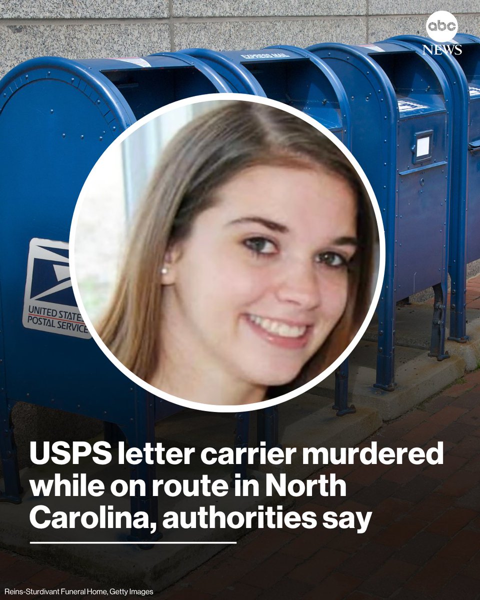 ABC's tweet photo. A 35-year-old United States Postal Service letter carrier was murdered while delivering mail on her rural North Carolina route, authorities said.

Read more: https://t.co/s477qtJRU1 https://t.co/3PF92Xr4S2