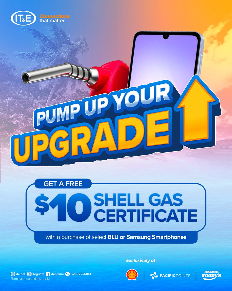 ITEGuam's tweet photo. A little tank you for getting that upgrade ⛽️📱

Purchase any select BLU or Samsung smartphone and get a $10 Shell gas certificate on us, because you deserve a little something extra. 🤩

This offer is available exclusively at Shell stations from 07/1/26 - 08/31/26.

T&amp;Cs apply. https://t.co/qdqCrEzVmR
