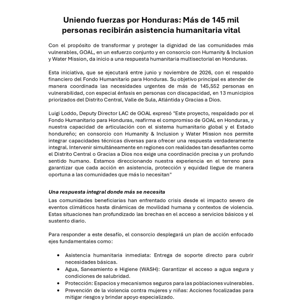 WaterMissionHN's tweet photo. Más de 145 mil personas recibirán asistencia humanitaria en Honduras.

Junto a @GOAL_Honduras y Humanity &amp; Inclusion, unimos capacidades para responder a necesidades urgentes con asistencia, agua segura, protección e inclusión en zonas vulnerables del país.

#RespuestaHumanitaria https://t.co/vlbehh5Icc