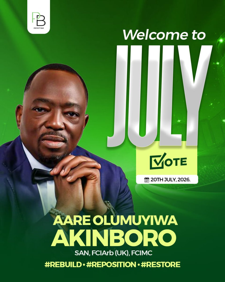 MuyiwaAkinboro's tweet photo. WELCOME TO JULY.

A new month brings fresh opportunities, renewed purpose, and another step closer to the future we envision for our great Bar.

As we journey towards 20th July 2026, I remain deeply grateful for the overwhelming support, encouragement, and conversations shared with colleagues across every Branch of the Nigerian Bar Association.

This campaign has never been about promises alone, but about listening, understanding, and committing to practical leadership that will Rebuild, Reposition, and Restore our Association for the benefit of every lawyer.

As we begin this new month, I invite every member of the Bar to continue believing in the possibility of an NBA that is more responsive, more inclusive, and more accountable.

May July bring a new strength to our profession, greater opportunities to serve, and continued progress for us all.

Together, we will build the Bar we deserve.

Vote Aare Olumuyiwa Akinboro, SAN
Candidate for President, Nigerian Bar Association (2026–2028)

#WelcomeToJuly #The3RsCandidate #RebuildRepositionRestore #BuildingABarThatWorksForEveryLawyer 
#VoteAare #NBADecides2026