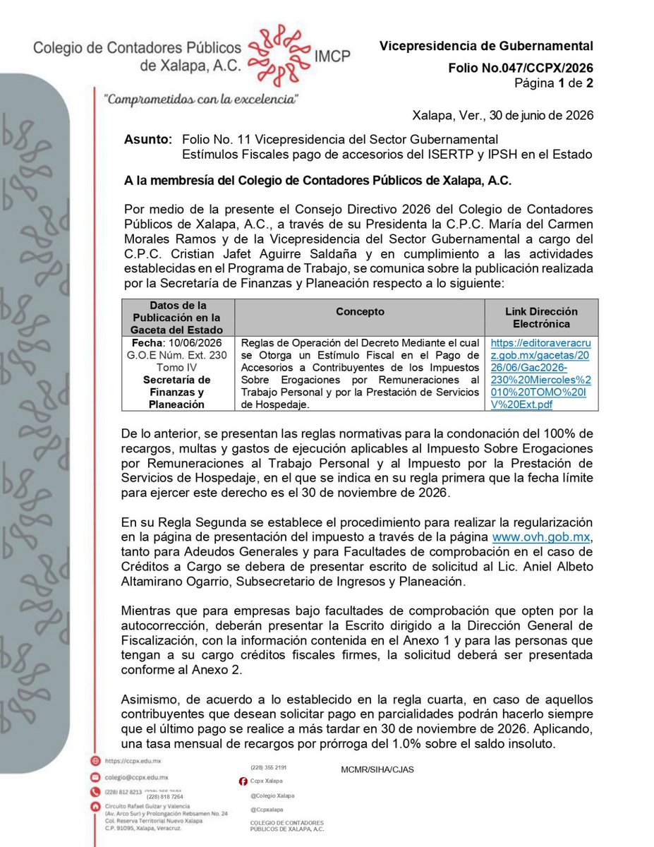 ColegioXalapa's tweet photo. #Folio No.: 047/CCPX/2026
Asunto: Folio No. 11 Vicepresidencia del Sector Gubernamental.
Estímulos Fiscales pago de accesorios del ISERTP y IPSH en el Estado.
#CCPX #IMCP #YoTambiénSoyIMCP #SoyRCIP https://t.co/1x17DW4goj