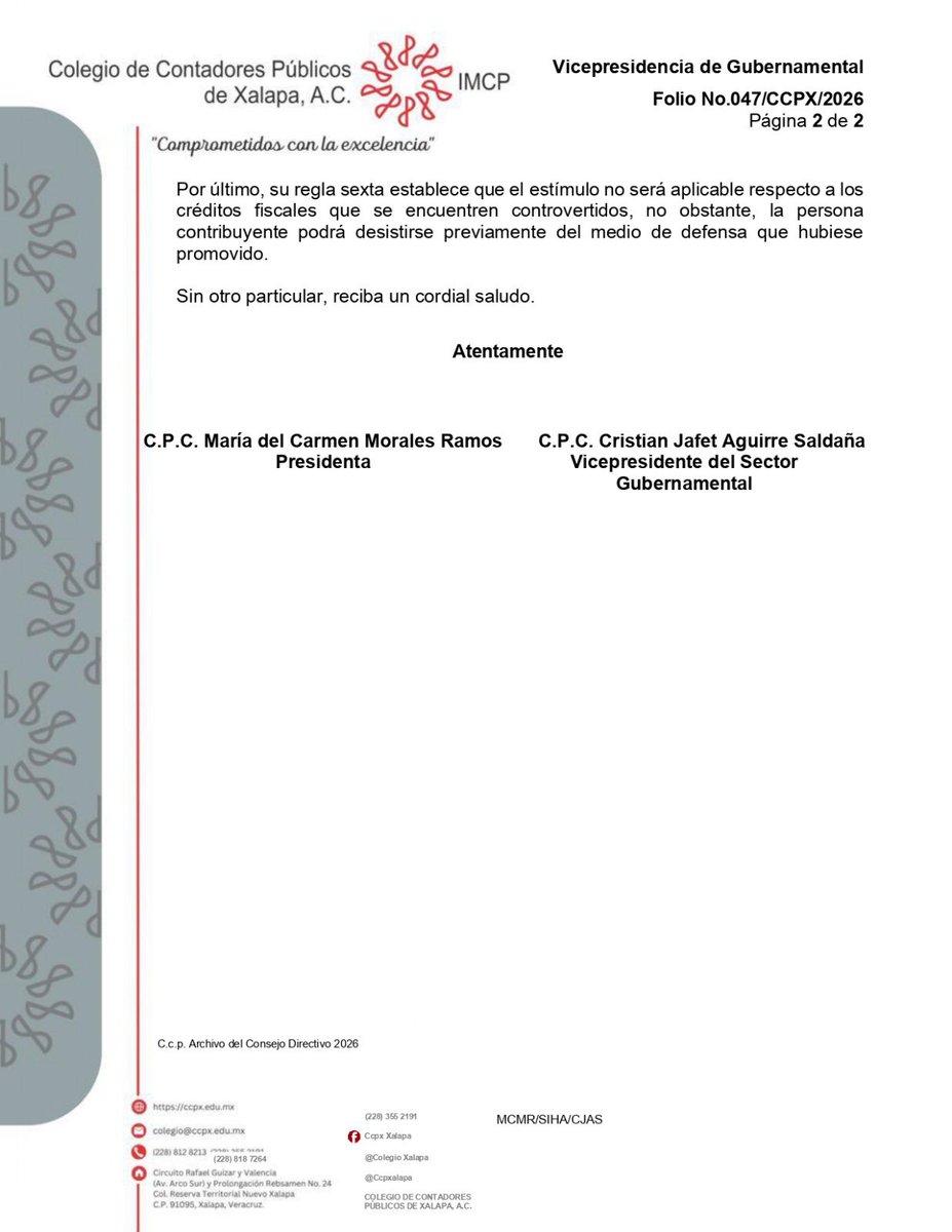 ColegioXalapa's tweet photo. #Folio No.: 047/CCPX/2026
Asunto: Folio No. 11 Vicepresidencia del Sector Gubernamental.
Estímulos Fiscales pago de accesorios del ISERTP y IPSH en el Estado.
#CCPX #IMCP #YoTambiénSoyIMCP #SoyRCIP https://t.co/1x17DW4goj