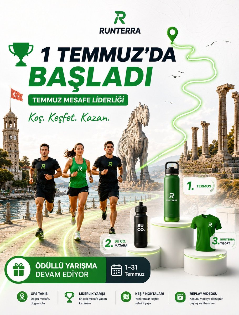 runterraApp's tweet photo. 🏆 TEMMUZ MESAFE LİDERLİĞİ BAŞLADI!

1–31 Temmuz boyunca koş, mesafe biriktir ve liderlik tablosunda zirveye çık. 🚀

Her kilometre seni ödüllere biraz daha yaklaştırıyor.

🥇 Runterra Termos
🥈 Su Co. Matara
🥉 Runterra Tişört

📍 Çanakkale'nin eşsiz rotalarını keşfet https://t.co/ObCQ8eOsOU