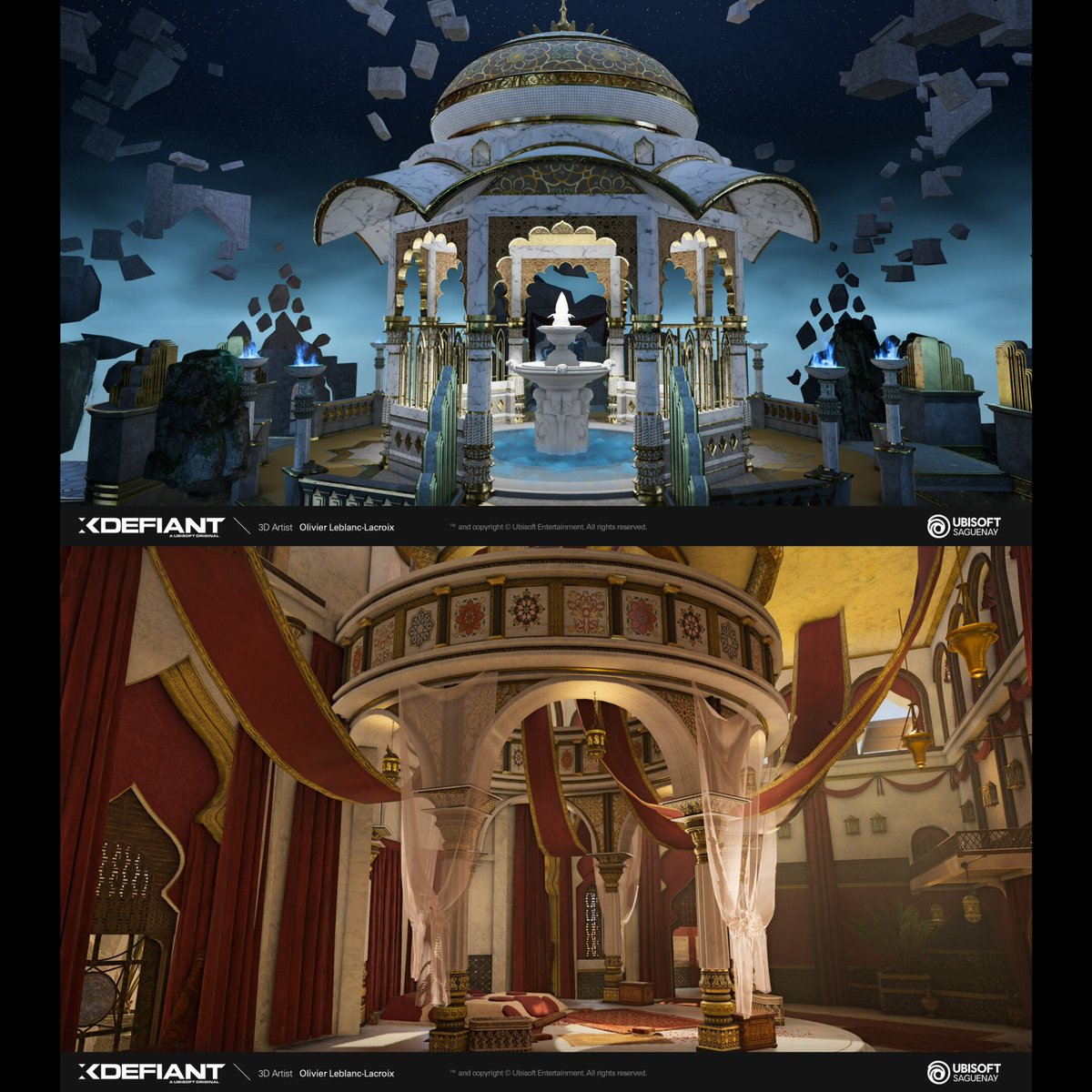 popuniversee's tweet photo. A Prince of Persia-inspired map, Razia’s Realm, in Ubisoft’s XDefiant! 

“XDefiant got canceled while this map was still in production so many of its assets were left unfinished.” (3D Artist - Oliver LeBlanc-Lacroix)

Screenshots of Razia’s Realm &amp; the Sultan’s Bedroom ✨👇🏻 https://t.co/R0CJUREFLX