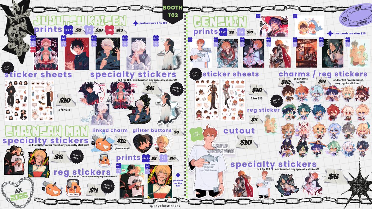 psychosnroses's tweet photo. lil late but here's my catalog for AX!!! so happy to be back pls come say hi i'm stressing 💜

📍Table T03
🦷genshin, bnha / bkdk, cookie run, chainsaw man, south park, haikyuu, alien stage, heated rivalry, sk8, tshd, trigun &amp; more!! 

[1/2]
#AX2026 #AXArtistAlley2026 #AnimeExpo https://t.co/L0ZQyxo5XJ