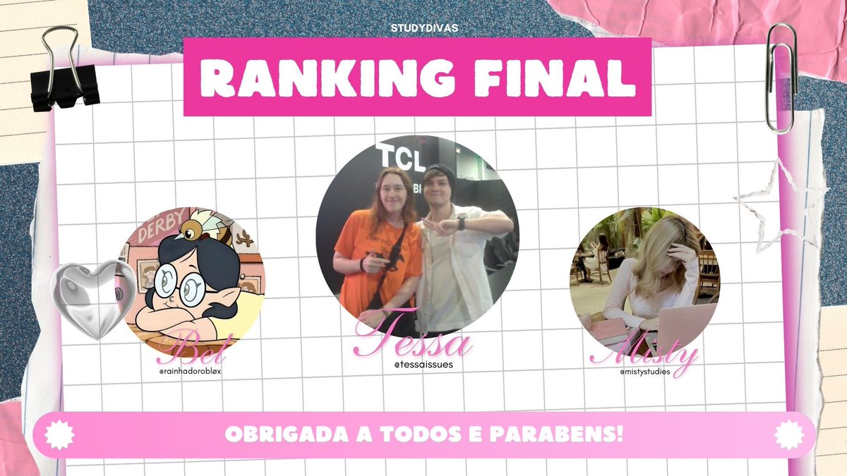 studydivas's tweet photo. 🏅 com 1025 pontos, @tessaissues ⋆
🥈 com 960 pontos, @rainhadosrobl0x ⋆
🥉 com 840 pontos, @mistystudies ⋆

★ além disso, queria fazer uma menção ao nico (@xibiusalgado) &amp; a bella (@bellandstudies) : nosso top 5. 

 ᢉ𐭩 parabéns pessoal! https://t.co/6jCKwBVYG2
