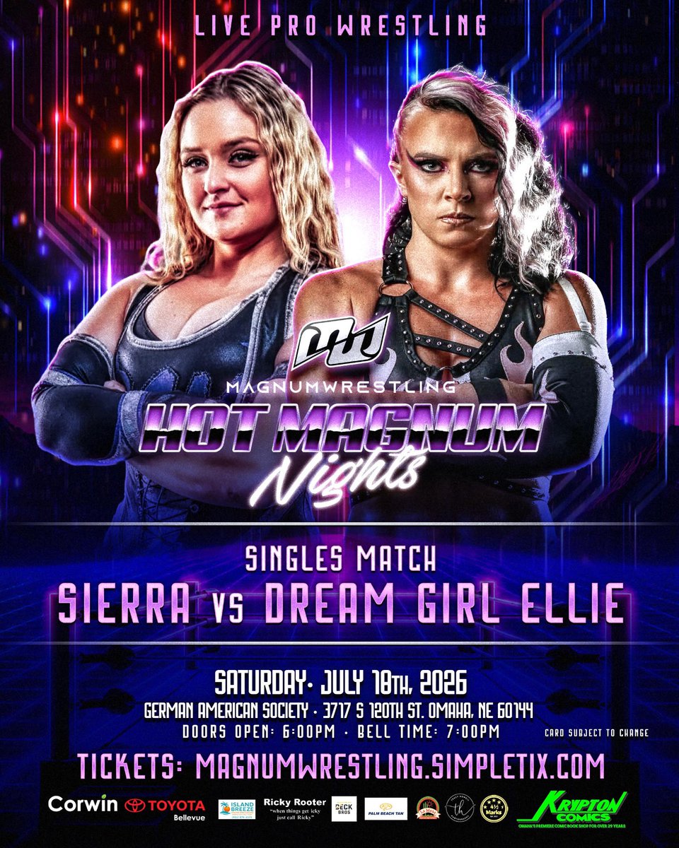 MAGNUMWRESTLING's tweet photo. You want hot? 

We’ll give you hot. 

Crowd favorite Sierra returns at Hot Magnum Nights and making her Magnum wrestling debut, we are excited to welcome Dream Girl Ellie! 

We’re willing to bet this one will be in the running for match of the year. 

https://t.co/5nBayNYM3H https://t.co/jtINbO0EOz