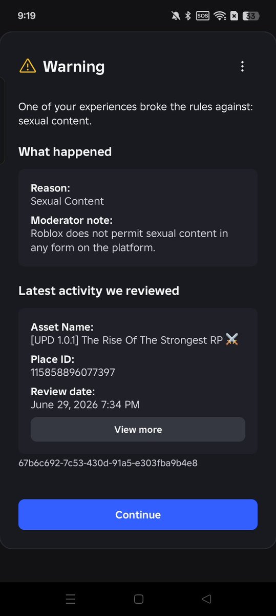 varboopela's tweet photo. Yesterday, my abandoned RP game on Roblox about a show on The Rise Of The Strongest has been taken down and given me and my helpers a warning.

The game has no sexual content and the only features are: morph, teleport, chat.

I've seen this happen to other games, @Roblox fix this https://t.co/VgOFlLA7Io