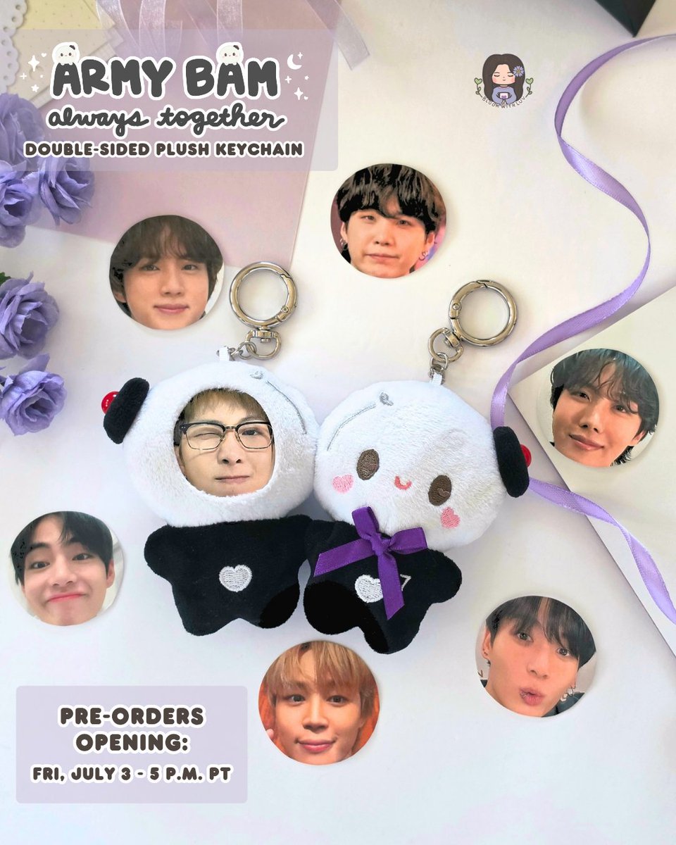 bloomwluvshop's tweet photo. 💜 PRE-ORDER COMING SOON 💜

ARMY Bam - Always Together Double-Sided Magnetic Plush Keychain 💜✨

🗓 Pre-orders open: Fri, 7/3 @ 5 p.m. PT - until spots filled 

the samples are finally here and I'm happy to share pre-order info 🥹🥳 see reply for all the details! https://t.co/WrOD2SqpvG