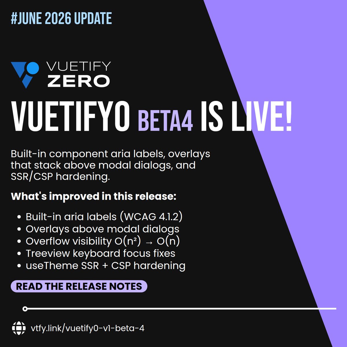 vuetifyjs's tweet photo. Vuetify0 beta.4 — built-in WCAG aria labels on every component + overlays that stack above modal dialogs. https://t.co/roZxIDLOiF https://t.co/u5b3xyhyU1
