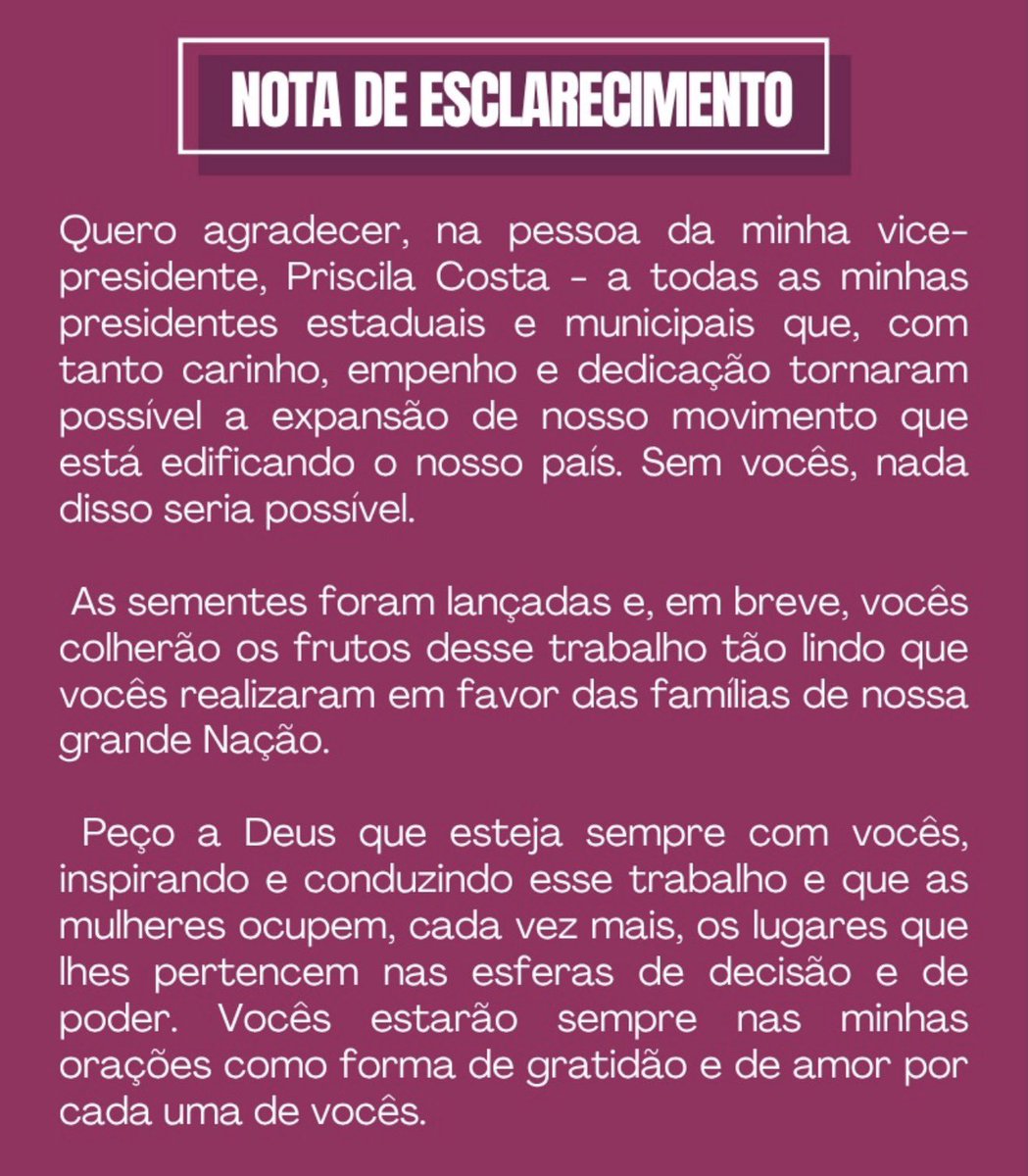 thaispsic's tweet photo. Nota que a Michelle Bolsonaro publicou sobre a sua saída do PL.
Em nenhum momento ela agradeceu o marido dela Jair Messias Bolsonaro. Estou muito arrependida de ter gostado e confiado tanto na Michelle Bolsonaro. Que decepção. https://t.co/le9o8atcpx