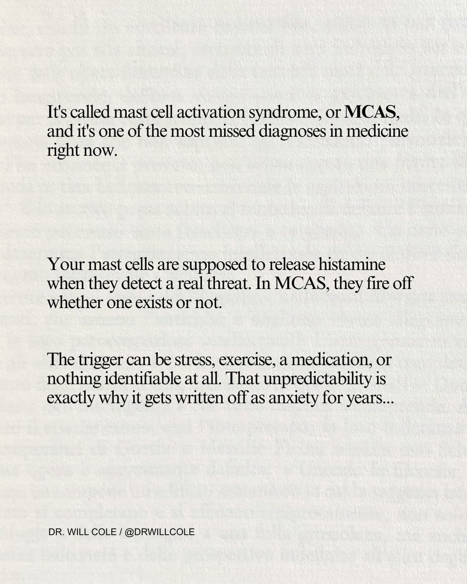 drwillcole's tweet photo. You can feel like you're stuck in allergy season year round and still test negative for every allergy panel your doctor runs...

That's mast cell activation syndrome, or MCAS, and in my telehealth clinic it's one of the most missed diagnoses I see. 

Mast cells are supposed to release histamine and other chemicals when they detect a real threat. In MCAS, they fire off regardless of whether an allergen is actually present, and the trigger can be stress, exercise, certain medications, or nothing identifiable at all.

That unpredictability is what makes it so hard to live with. Symptoms span skin, gut, cardiovascular, and respiratory systems all at once, anything from chronic hives and rapid heart rate to brain fog and abdominal pain. Most people with MCAS have two or more of these systems affected at the same time, which is exactly why it gets dismissed or misdiagnosed for years.

There's also a real overlap with gut health. Research has found a correlation between leaky gut, SIBO, and MCAS or histamine intolerance, and people with histamine intolerance are more likely to have one of those gut conditions too. Diet matters here in a very specific way. A long list of genuinely nutritious foods, fermented foods, avocados, aged cheese, citrus, tomatoes, can all provoke histamine release in someone with MCAS. That doesn't mean cutting them all out forever. It means identifying which ones are actually triggering symptoms for you, not guessing.

There's no cure for MCAS, but there's a real path to managing it once you understand what's driving your particular case.

Have you ever been told your symptoms were "just allergies" and later found out it was something more complex? 

Click the links below for the full article breaking this down, plus the at-home functional bloodwork I recommend (and it’s on sale for $97). 

Article: https://t.co/dwMCj6Dw72

Bloodwork: https://t.co/am3JRUOSJu

#artofbeingwell #selfhealers #guthealth #histamineintolerance #functionalmedicine