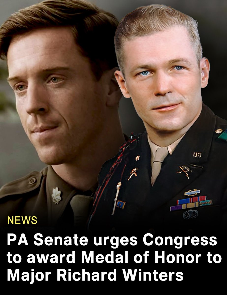 HistoryvsHllywd's tweet photo. The Pennsylvania State Senate is urging Congress to award the Medal of Honor to the late "Band of Brothers" hero Major Richard ‘Dick’ Winters. The former Easy Company commander was portrayed by Damian Lewis in the HBO miniseries. Winters was recommended for the Medal of Honor during WWII for his leadership at Brécourt Manor in Normandy on D-Day, but he instead received the Distinguished Service Cross (in part due to the Army's quota system at the time of only one Medal of Honor per division for the Normandy campaign and it was already being given to Lt. Col. Robert G. Cole). A  previous attempt was made in 2007 but the bill to grant Winters the Medal died in the House Armed Services Committee Subcommittee on Military Personnel. #BandofBrothers #RichardWinters #ww2 #EasyCompany #WWII #ww2history