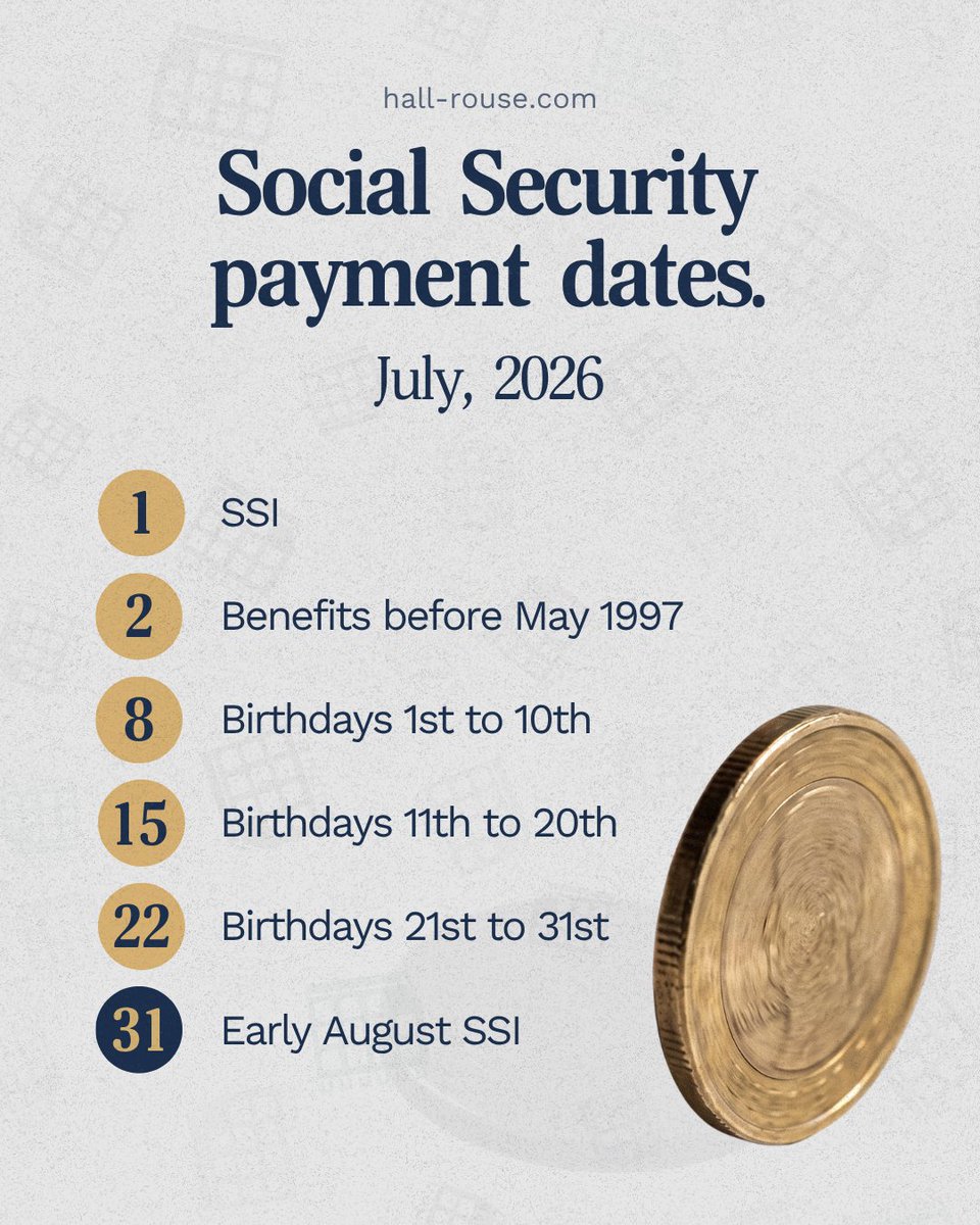HallRouseLaw's tweet photo. Here are the July Social Security benefit payment dates. Save the graphic so you have them.

July 1: SSI
July 2: benefits that started before May 1997
July 8: birthdays 1st to 10th
July 15: birthdays 11th to 20th
July 22: birthdays 21st to 31st
July 31: August SSI, paid early

#SocialSecurity #SSDI #SSI #SSAPayment