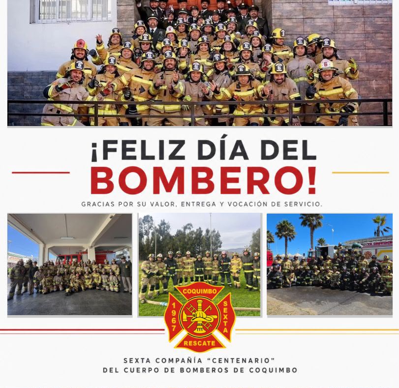 SextaCoquimbo's tweet photo. En este día tan especial, saludamos a todos aquellos que comparten la vocación de formar parte de nuestra institución, Bomberos de Chile.

¡Feliz 30 de junio! 
#DiaDelBombero #30Junio #SextaCompañía #BomberosDeChile https://t.co/eycgWi4neZ