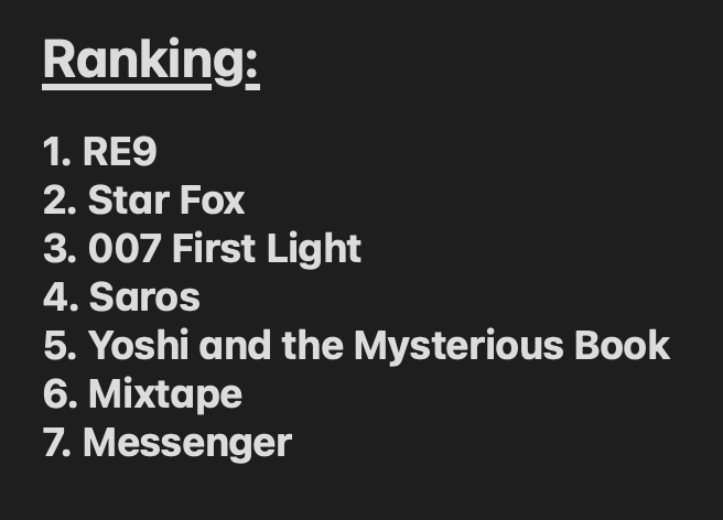 PageMamo's tweet photo. Midpoint of 2026 personal game ranking 
Deltarune Chapter 5 would be at the top but I just personally don't like ranking it as separate chapters https://t.co/oeBJ8D15eA