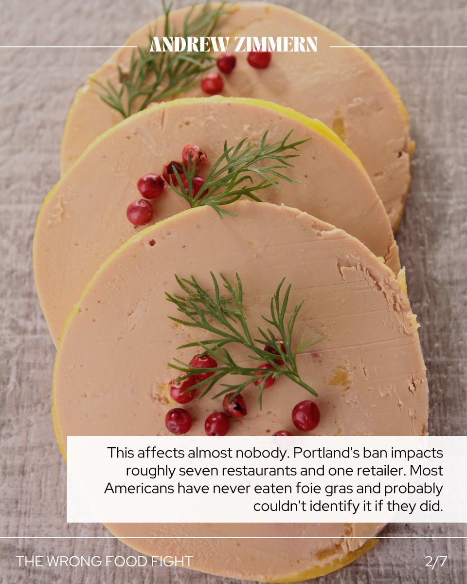 andrewzimmern's tweet photo. Portland just banned foie gras.

Not food waste. Not hunger. Not seafood fraud. Not PFAS contamination.

Foie gras.

To be clear, reasonable people can disagree about foie gras production. But when elected officials have a buffet of major food system challenges in front of them, it's fair to ask whether this is really the issue that deserves the most attention.

What bothers me isn't the loss of foie gras. I can live quite happily without it. What bothers me is the opportunity cost. Every hour spent debating a luxury product consumed by a tiny fraction of Americans is an hour not spent tackling problems that affect all of us.

If you want to read more check out the link in my bio.
