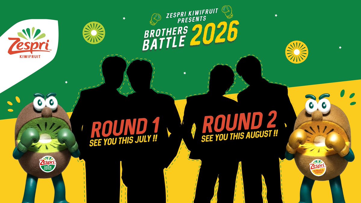 ZespriTH's tweet photo. 💛🥊 BROTHERS BATTLE 2026 🥊 💚

ถึงเวลามาทายกันแล้วว่า…
👀 2 คู่หู คู่ซี้ สุดฮอต Top ประเทศ ปริศนาคู่นี้คือใคร⁉️

พร้อมขึ้นสังเวียนกับ KIWI BROTHERS ในศึกความอร่อยและมีประโยชน์ในฤดูกาลนี้ 🔥🥝
ยกที่ 1  🥊เดือนกรกฎาคม
ยกที่ 2 🥊เดือนสิงหาคม

คอมเมนต์ทายกัน  พร้อมบอกเหตุผลว่าทำไมถึงคิดว่าเป็นคู่นี้ 💚🩷💙🧡

💥 ลางานรอไว้เลยใน…
ศึกวันชิงชัย 11 กันยายน 2569

แล้วมาลุ้นกันว่าเดาถูกหรือไม่ ‼️

#Zespri #ZespriThailand #Kiwifruit #KiwiBrothers #BrothersBattle2026
