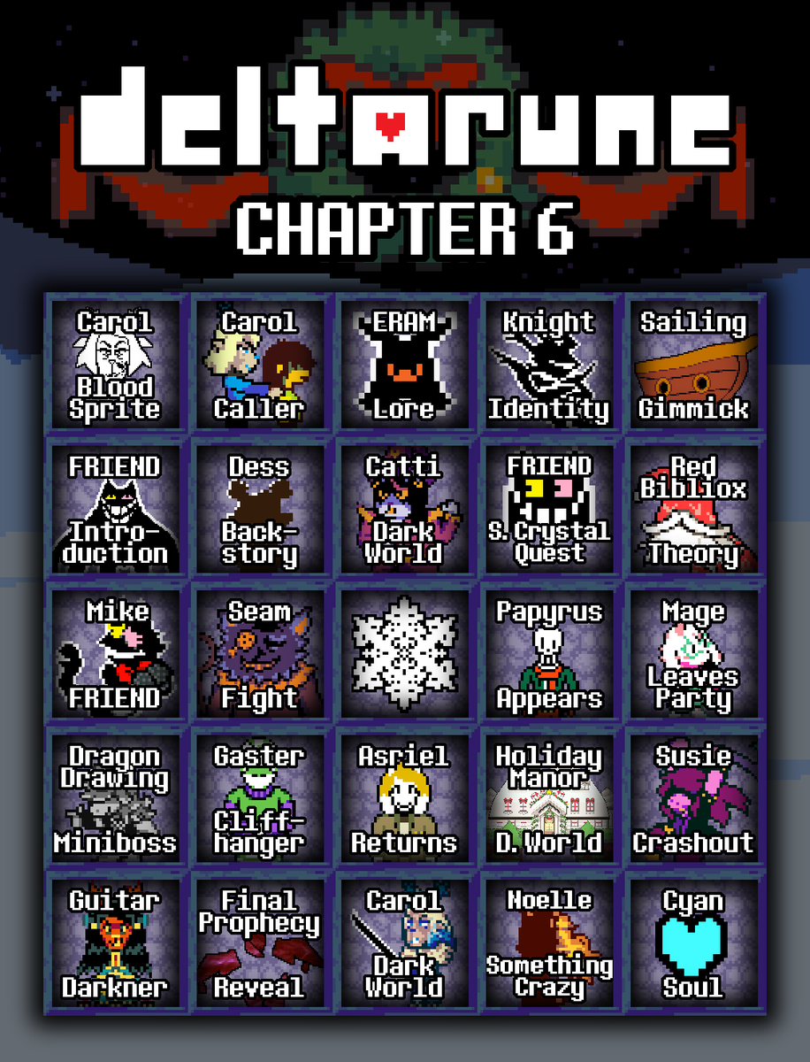 BatalaxDR's tweet photo. INCREDIBLY early Deltarune Chapter 6 Bingo because I realized I could just recycle most of the previous one lmao https://t.co/6Z0oOTs4Kl